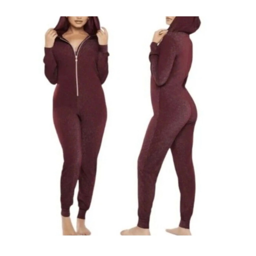 Savage X Fenty Sleep & Shine Hooded Jumpsuit | Burgundy Metallic | SZ: S